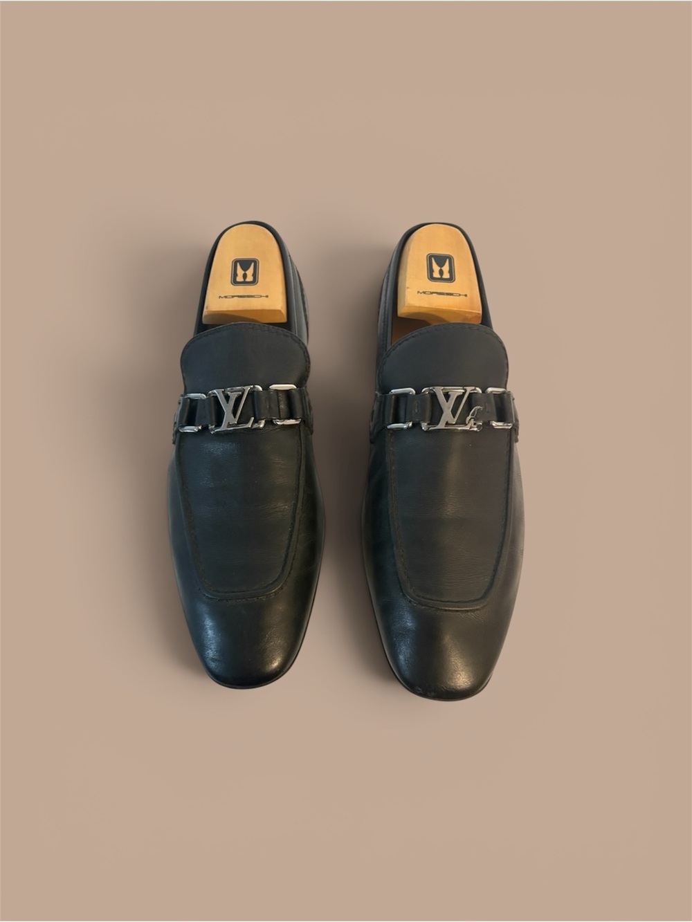 Louis Vuitton Black Leather Slip-On Loafers with Silver LV Bit